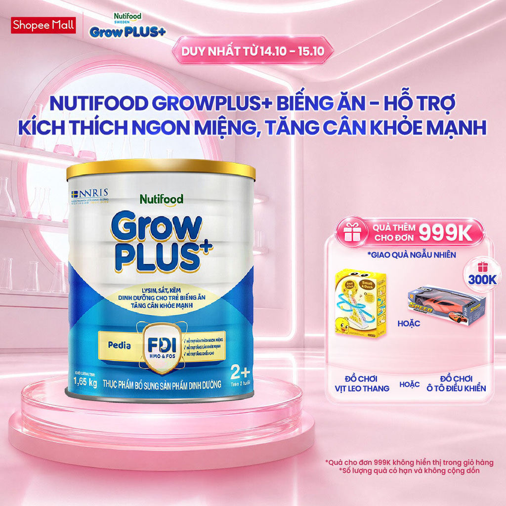 Sữa Bột Nutifood GrowPLUS+ Biếng Ăn (Xanh) 2+ - Tăng Cân Khỏe Mạnh (Lon 1,65 Kg)