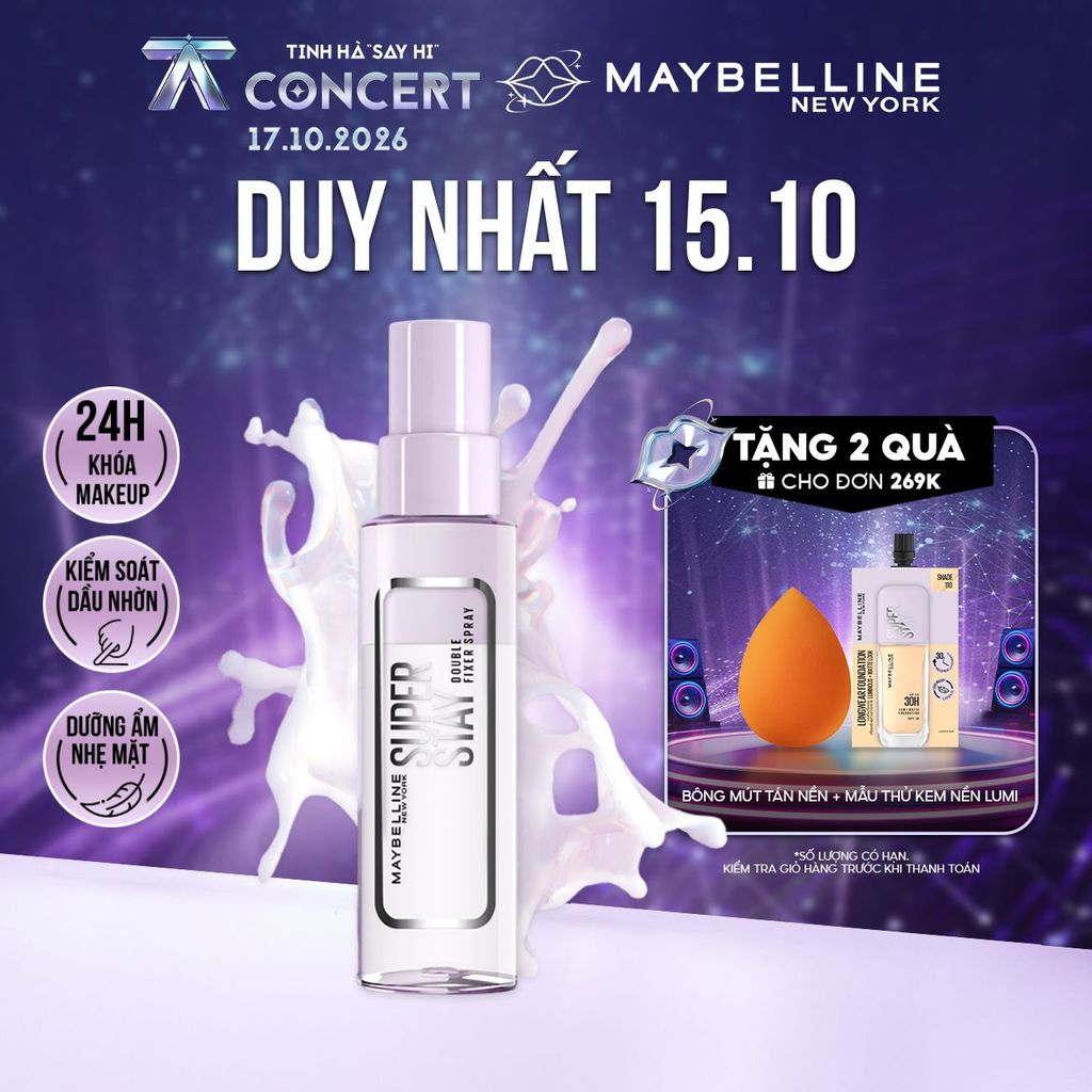 Xịt khóa nền dưỡng ẩm Superstay Double Fixer Spray giữ lớp trang điểm lâu trôi dưỡng ẩm 24h Maybelline Newyork