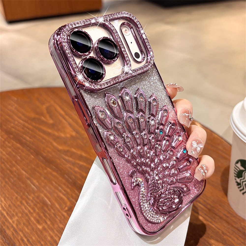 Ốp điện thoại hình con công 3D kim cương Flash sang trọng cho iPhone 17 Pro Max 16 13 14 15 Pro Max Air Phim bảo vệ gương chống rơi TPU mềm vỏ bảo vệ điện thoại
