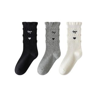 (2-12 tuổi) Set 5 Đôi Tất Cổ Cao Bèo 3 Tầng Cho Bé Gái – Phong Cách Hàn Quốc – Cotton Mềm, Co Giãn – Tông Trắng/Xám/Đen