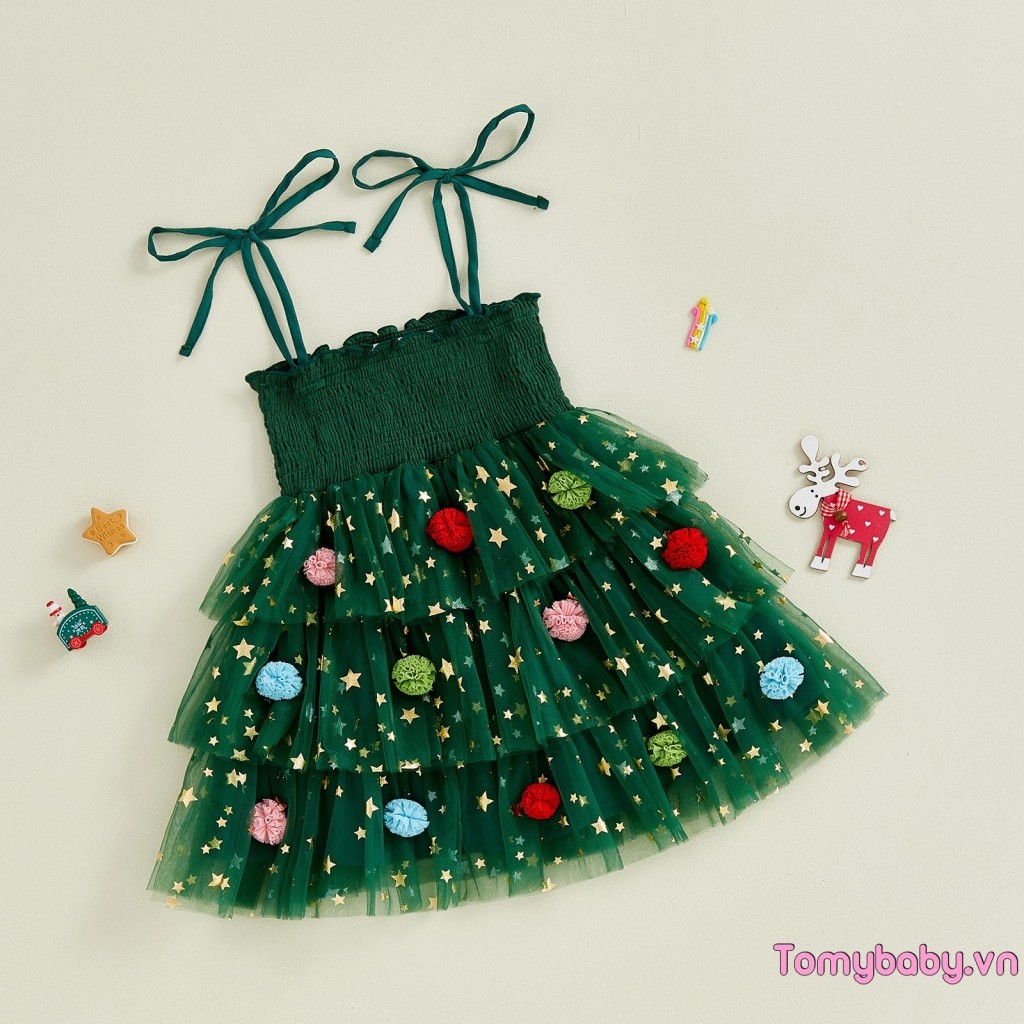 Bé Gái Tập Đi Giáng Sinh Một Dòng Đầm In Hình Ngôi Sao Không Tay Dây Buộc Dây Đeo Smocked Tulle Bánh Váy