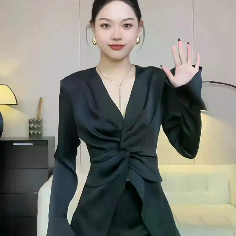 Áo Sơ Mi Acetate Satin Cho Nữ Mùa Thu Hàn Quốc Xoắn Xếp Ly Cổ Chữ V