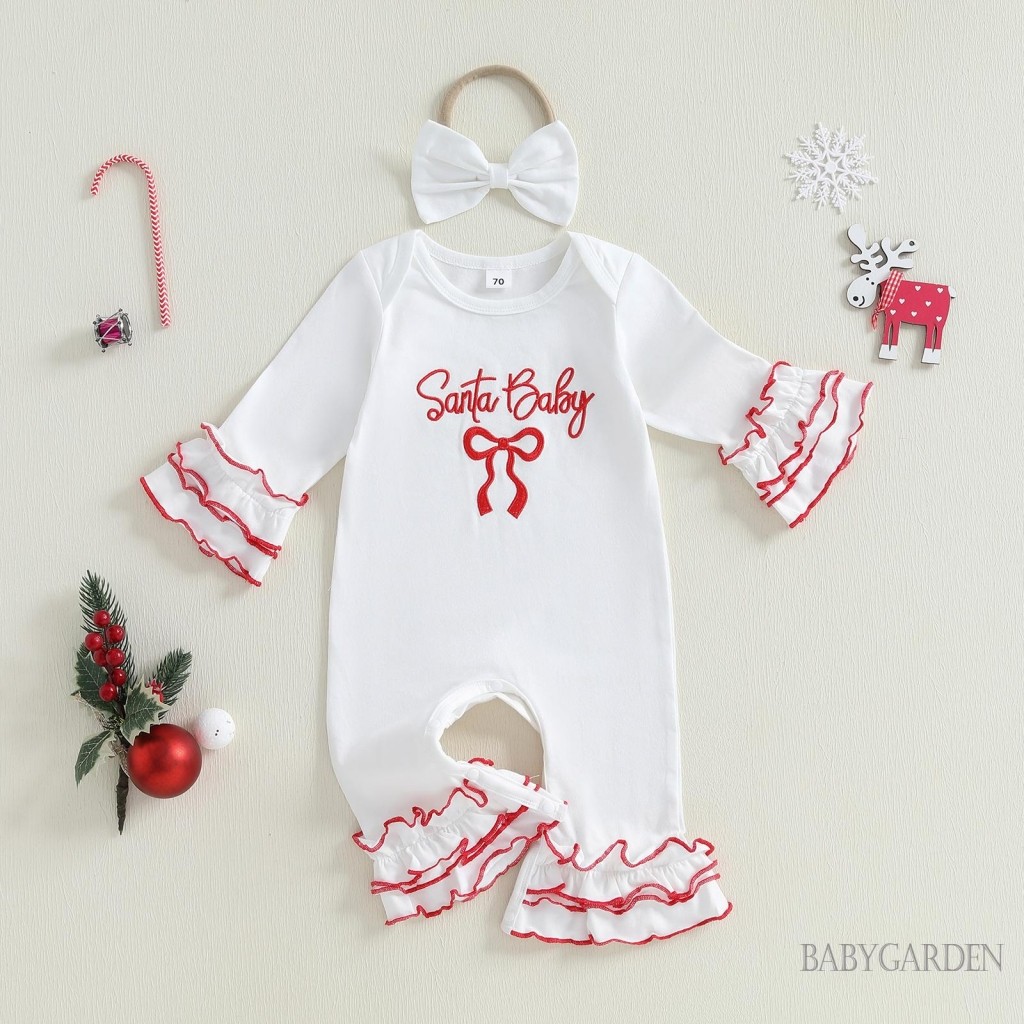 Bé Gái Trang Phục Giáng Sinh Nơ In Chữ Ruffle Dài Tay Áo Liền Quần Nơ Băng Đô