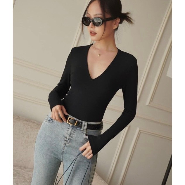 Áo Tay Dài Cổ Tim chất cotton ôm body tôn dáng - Áo thun nữ đẹp cổ V