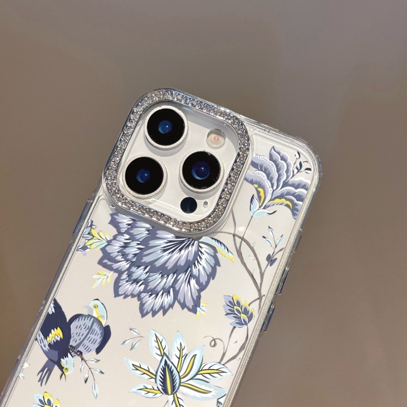 Ốp điện thoại trong suốt họa tiết chim hoa xanh cho Motorola Moto Edge 50 60 Fusion 40 NEO G22 E32 G G75 G15 Power G05 E15 S50 E22 E22i E20 E30 E40 E13Casing Vỏ kim cương giả chống rơi