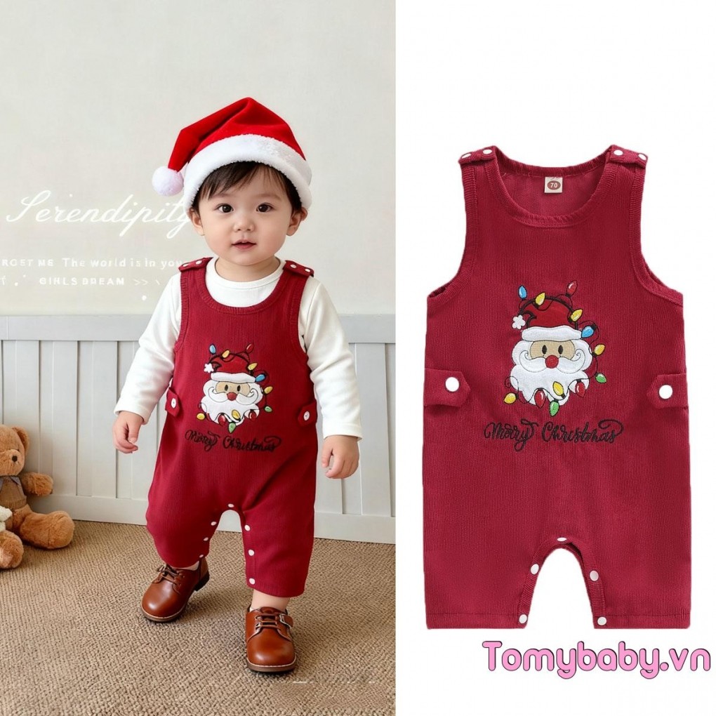 Bộ áo liền quần cổ tròn không tay thêu chữ ông già Noel cho bé trai bé gái