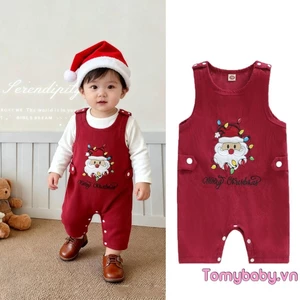 Bộ áo liền quần cổ tròn không tay thêu chữ ông già Noel cho bé trai bé gái