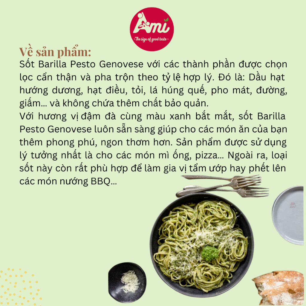 Sốt Pesto Xanh ALLA GENOVESE Barilla Lọ 190g, Gia Vị Nhập Khẩu Ngon