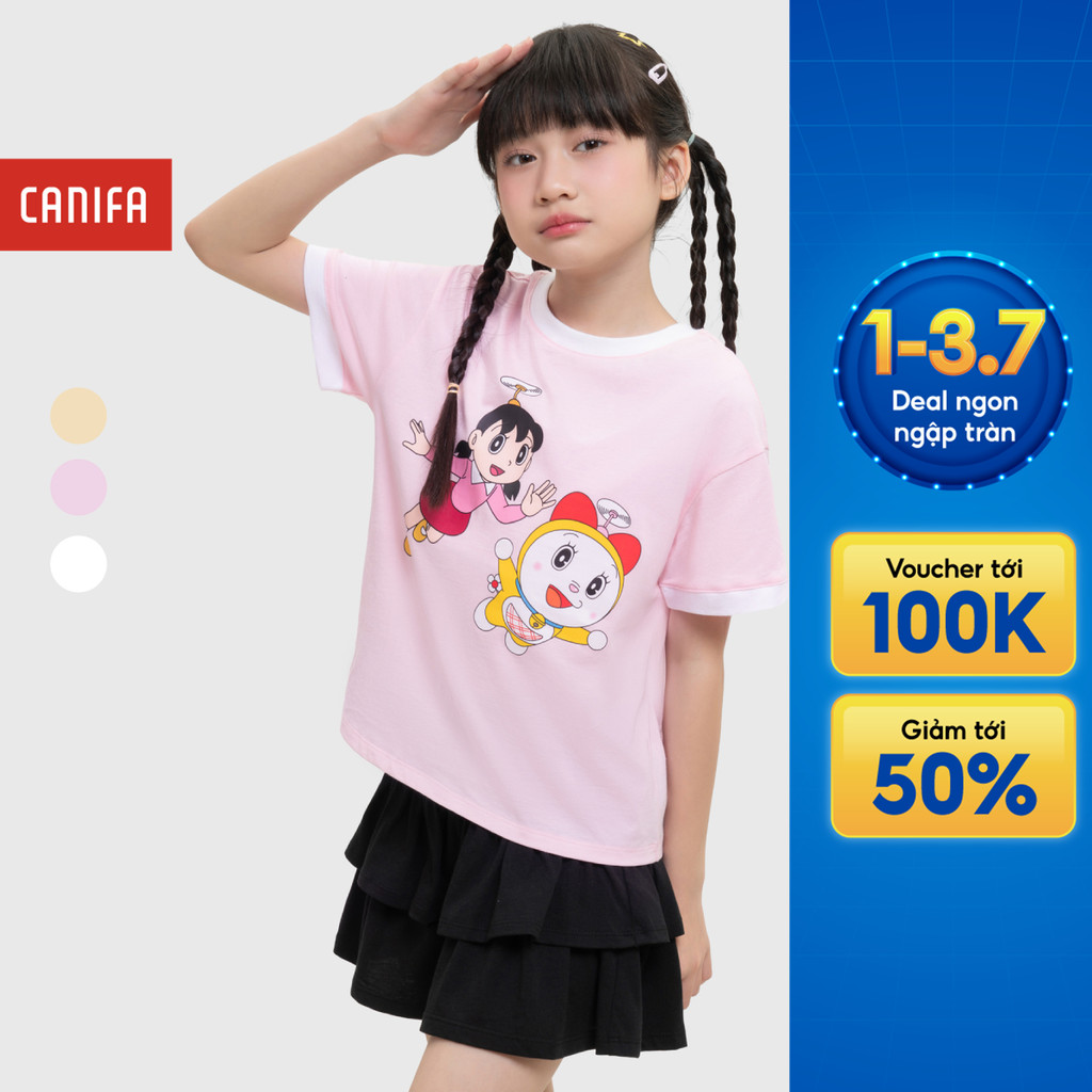 Áo phông bé gái CANIFA áo thun cộc tay in hình doraemon 100% cotton mềm mại thoáng mát 1TS26S011