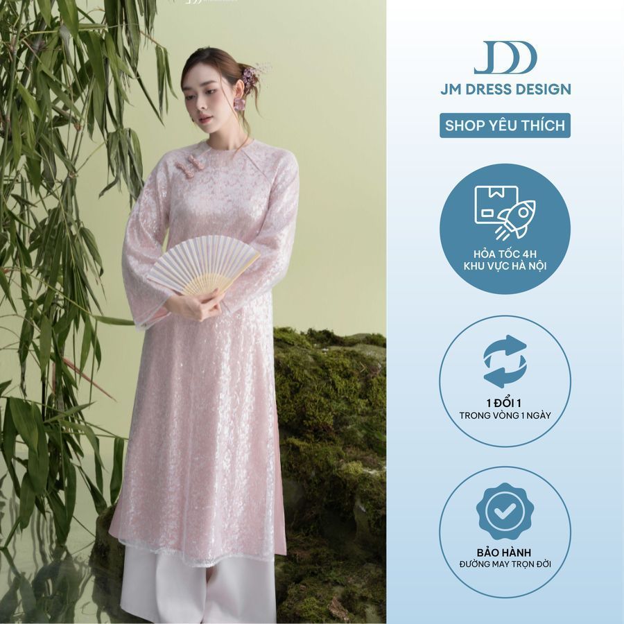 Áo Dài Thanh Hoa - Áo Dài Dáng Suông Đính Cúc Tàu 2M08.25 - Áo Dài Nữ Cổ Tròn Tay Dài Dáng Hơi Loe Rộng Cổ Điển By JM
