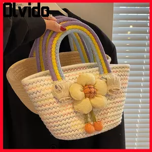 Túi dệt thủ công OLVIDO, Túi xách dệt dây thủ công, Giỏ dã ngoại phong cách nông thôn bằng vải Cotton đi biển