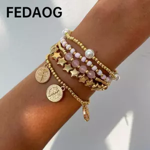 Vòng tay hạt tròn FEDAOG, Vòng tay đính cườm đàn hồi nhiều lớp phong cách Bohemian, Thời trang Handmade Đính cườm ngôi sao đính cườm Phụ kiện trang sức