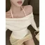 Áo thun dài tay hai mảnh cay ngọt ngào kiểu Pháp Áo thun một vai dây cổ ôm @ -
