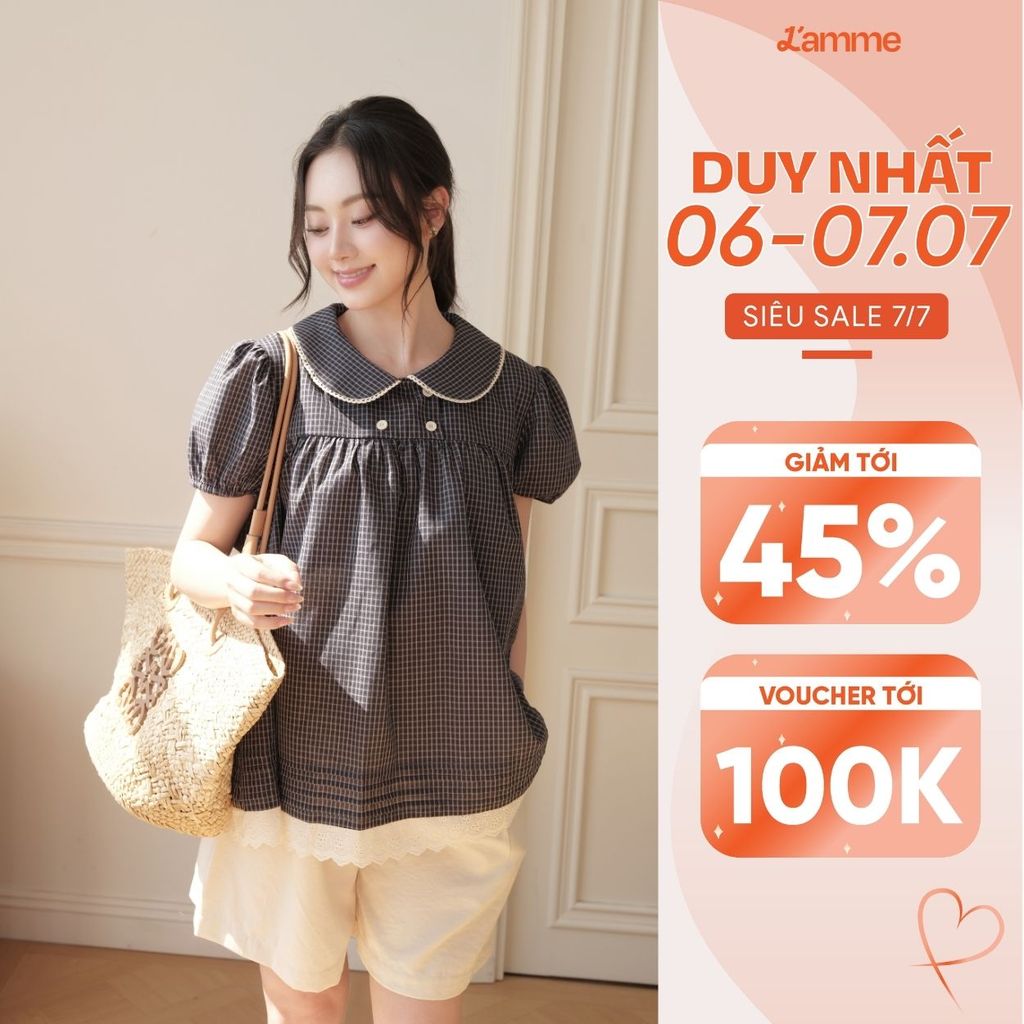 Áo Bầu RINA SHIRT - Chất Vải Thô Kẻ Ít Nhăn, Cổ Sen Tay Bồng Chun Gấu Thoải Mái - L'amme