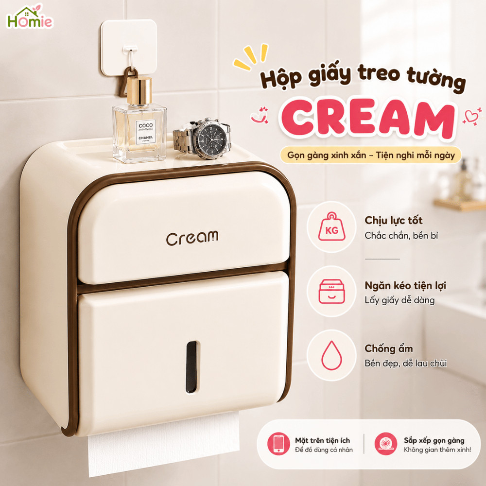 Hộp Giấy Vệ Sinh Treo Tường 2 Ngăn HOMIE, Hộp Giấy Vệ Sinh Đa Năng Chất Liệu PP Cao Cấp Chống Nước