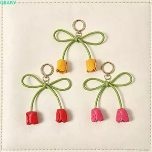 QEARY Pu Bow Móc khóa, Móc treo màu hồng Mặt dây chuyền hoa da Pu, Túi dệt hoa Tulip nơ hợp thời trang Phụ kiện xe hơi quyến rũ