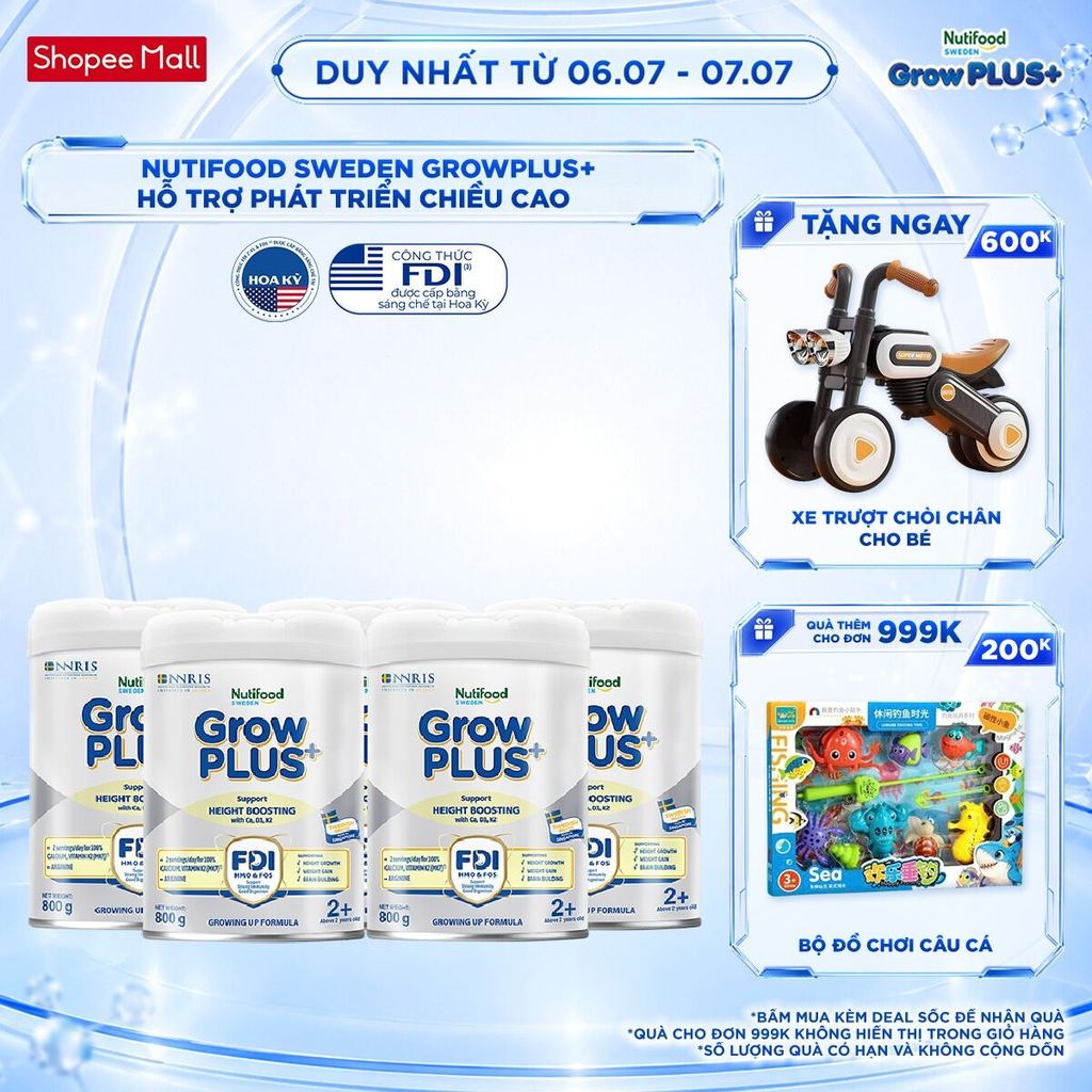 Combo 5 Sữa Bột Nutifood Sweden GrowPLUS+ Cao lớn vượt trội trên 2 tuổi (Bạc) 800g