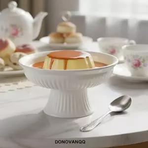 Khay tráng miệng chân cao DONOVANQQ, Đĩa tráng miệng cao họa tiết sọc gốm, Khay đựng trái cây tròn màu trắng chịu nhiệt đơn giản Nhà hàng