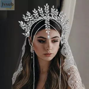 Mũ nón cưới JVSUB, Vương miện cô dâu tua rua màu đỏ, Lễ cưới vòng đầu đính đá thanh lịch