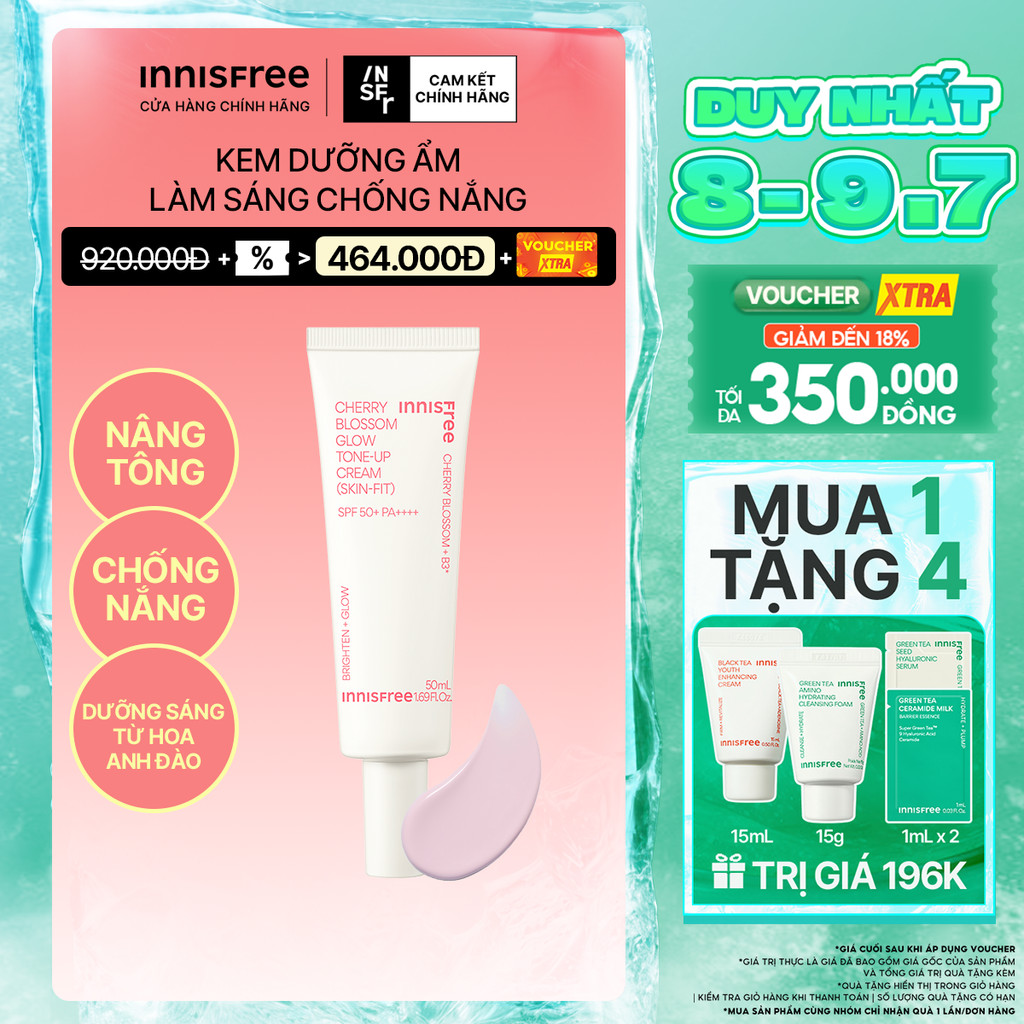 Kem dưỡng ẩm làm sáng chống nắng cho da INNISFREE Jeju Cherry Blossom Skin-Fit Tone-Up Cream SPF 50+PA++++ 50ml