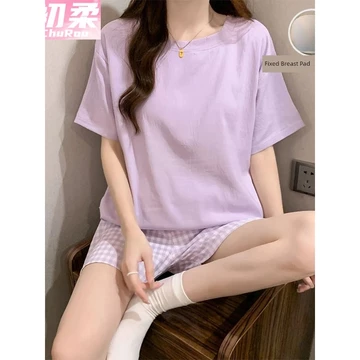 đồ bộ nữ đồ mặc nhà đồ ngủ nữ Đồ ngủ nữ mẫu mới vải cotton họa tiết đám mây mùa hè, bộ ngắn tay cổ tròn có đệm ngực, đồ mặc nhà nữ dáng suông cỡ lớn phong cách thường ngày