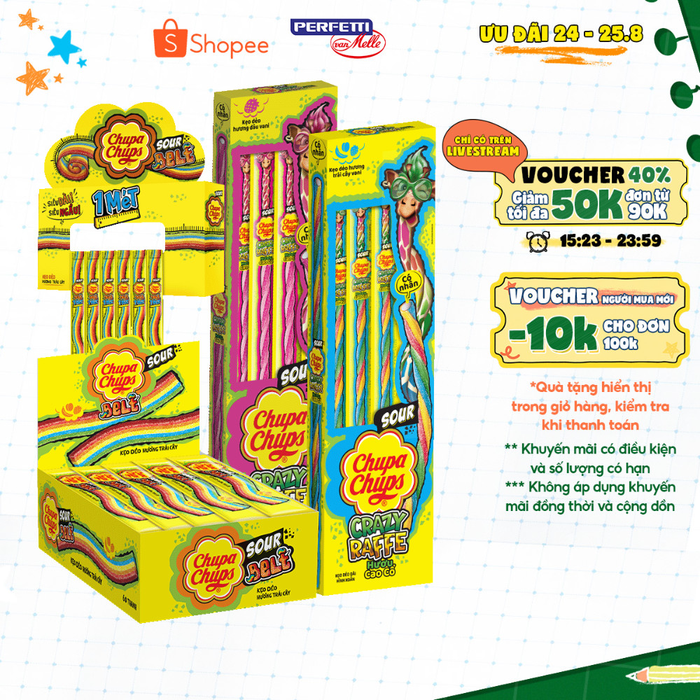 Kẹo dẻo vị chua Chupa Chups hương trái cây hỗn hợp và kẹo dẻo vị chua hình ống hương cola và dâu