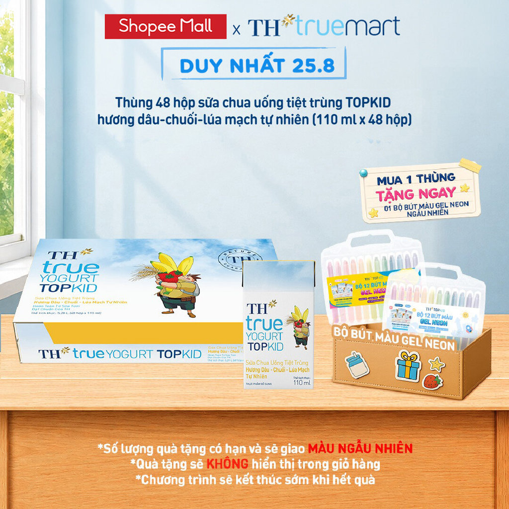 [LIVESTREAM] Thùng sữa chua uống tiệt trùng TOPKID hương dâu-chuối-lúa mạch tự nhiên 110ml x 48 hộp