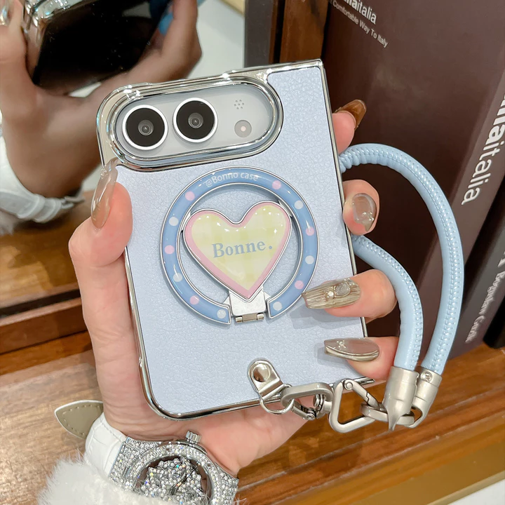 Ốp Da Mạ Điện Cho Apple iPhone Ultra iPhone18 Gấp iPhone Gấp iPhone Duo 5G Vỏ Bảo Vệ Gấp Từ Tính Với Trái Tim Tình Yêu Kẻ Sọc Giá Đỡ Dây Xích