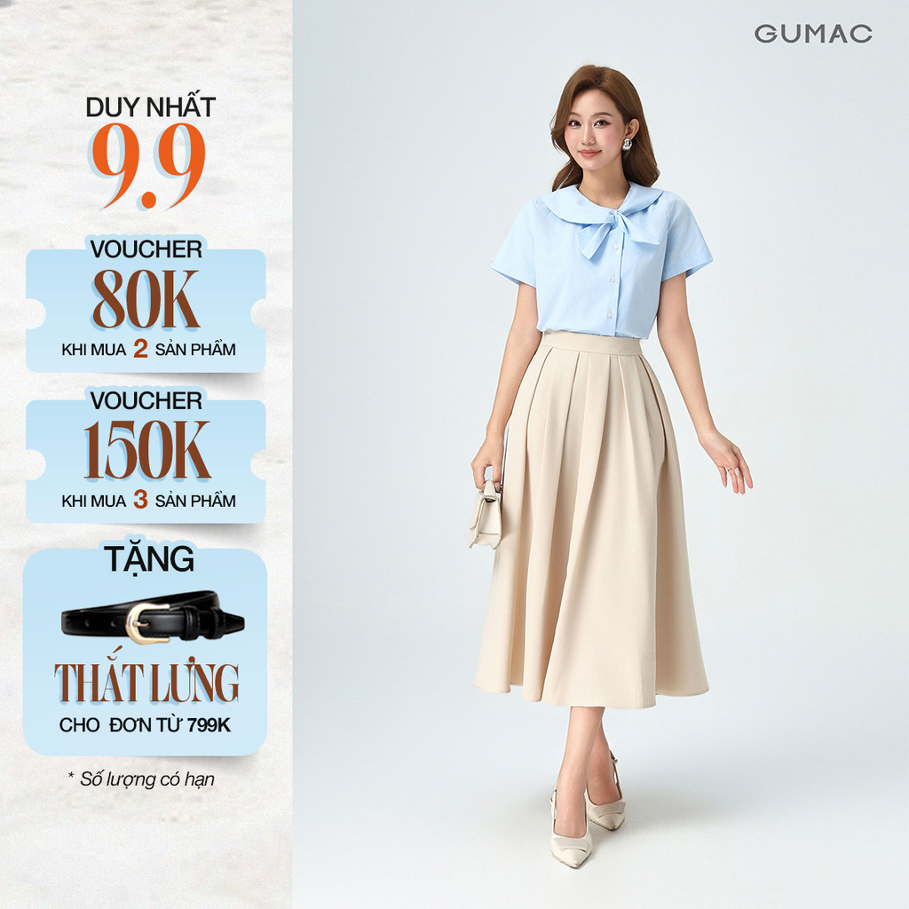 Chân Váy Xếp Ly Dáng Dài GUMAC Chân Váy A Lưng Cao Có Túi Vải Cotton Lạnh Cao Cấp LVE1001