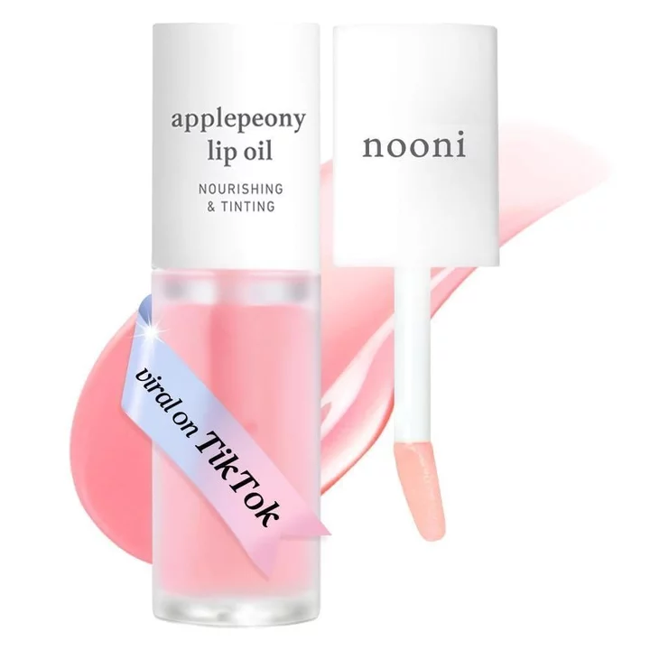 NOONIKoreanLipOil-Táo-Hoa mẫu đơn | Lâu trôi, dưỡng ẩm, làm đầy môi, phục hồi môi khô, chống thấm nước, không bong tróc, son dưỡng ẩm, quà tặng nhỏ, đồ dễ thương, 0.12FLOz S8U0 TFB0