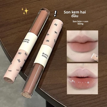 BLACK NANA Son kem hai đầu hiệu ứng gương bóng nước, son bùn hồng, son bóng, son môi màu nude trang điểm nhẹ nhàng, son