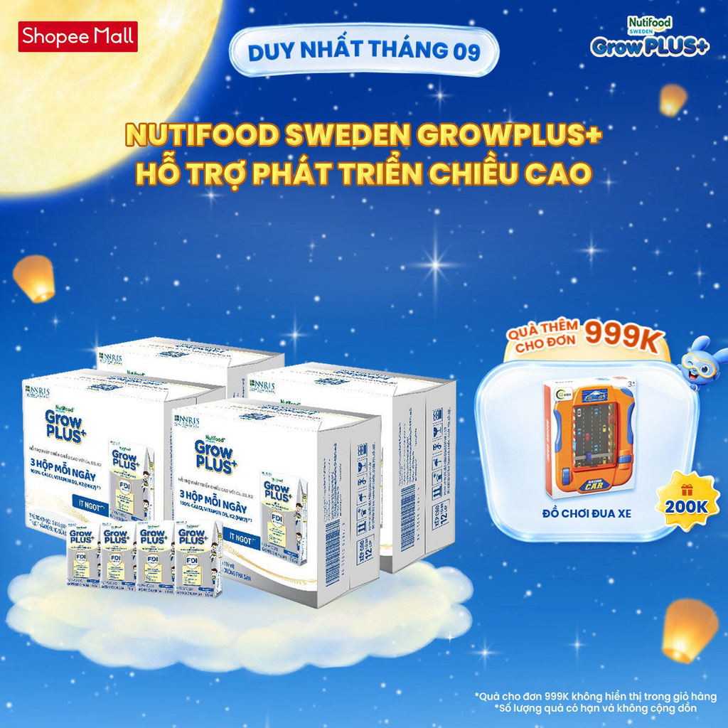 Combo 4 Thùng 24 hộp Sữa Bột Pha Sẵn Nutifood Sweden GrowPLUS+ Cao lớn vượt trội hộp 110 ml