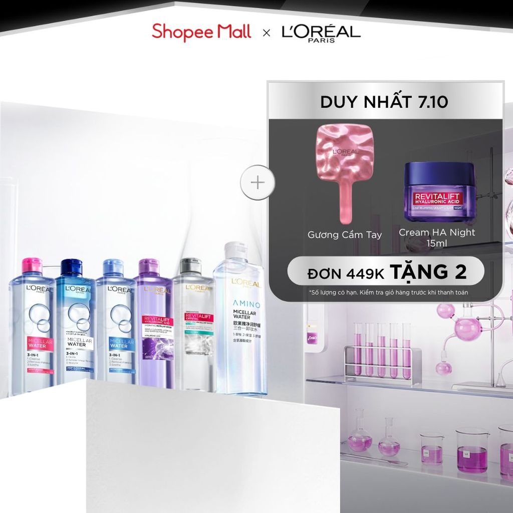[AMINO MICELLAR MỚI] Nước tẩy trang làm sạch sâu, loại bỏ bụi bẩn & trang điểm 3-in-1 L'Oreal Paris Micellar Water 400ml