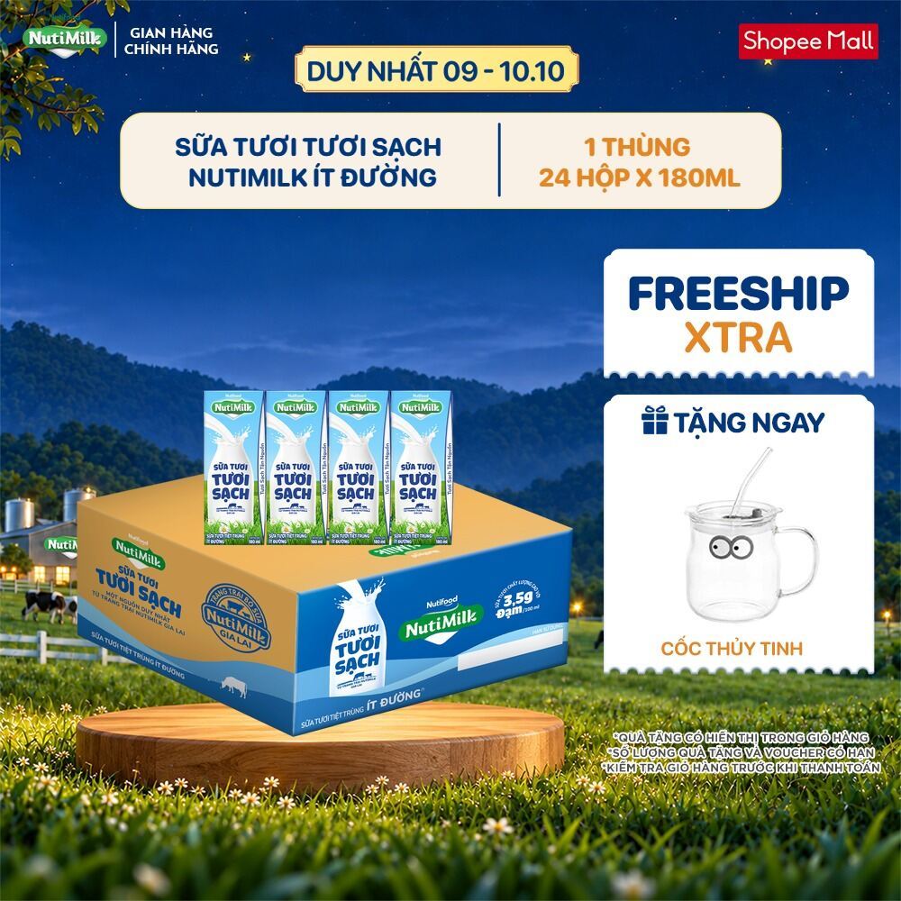 Thùng 24 Hộp Sữa Tươi Tươi Sạch NutiMilk Ít Đường Hộp 180ml