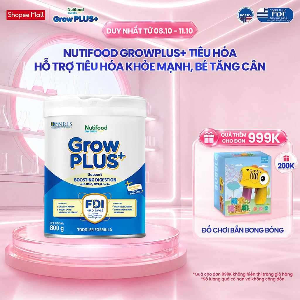 Sữa bột Nutifood Sweden GrowPLUS+ Tiêu Hóa (Xanh Nhạt) 1+ - Tiêu hóa khỏe, tăng cân (Lon 800g)