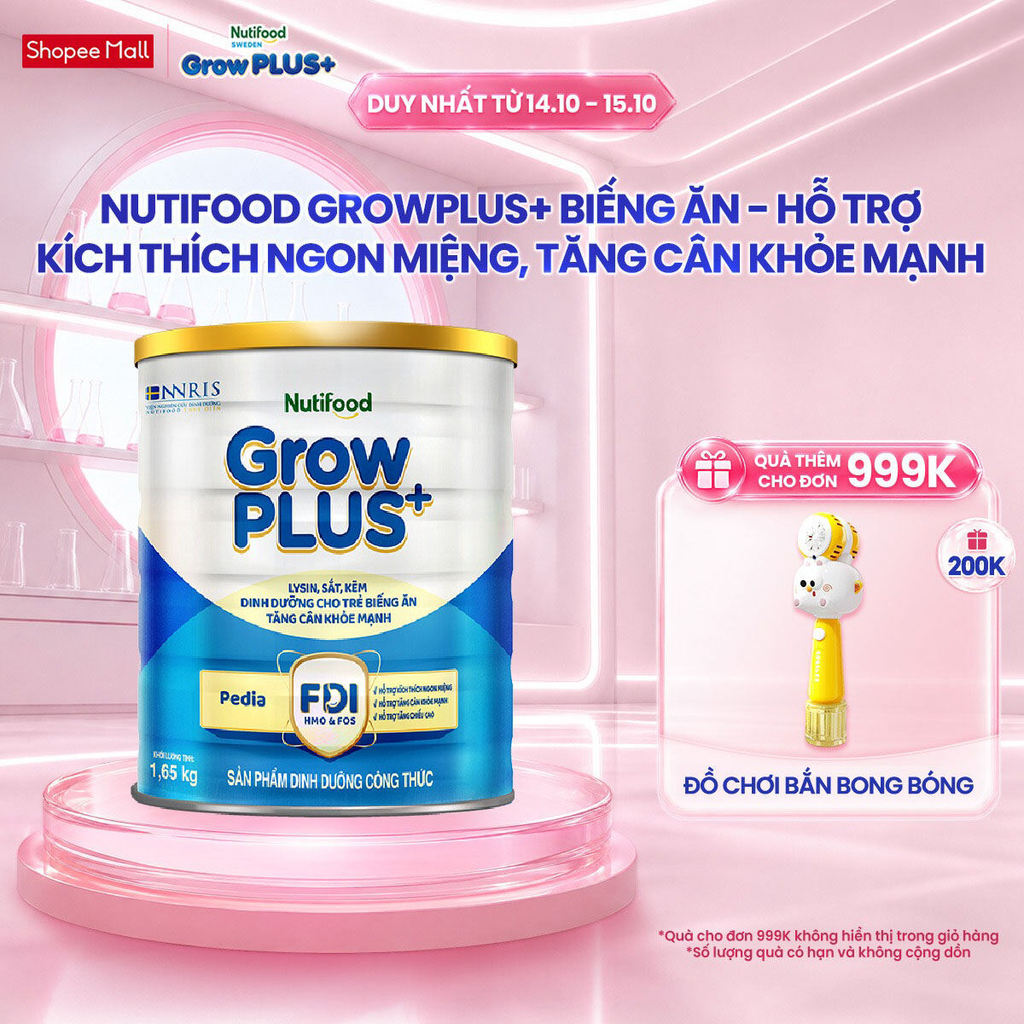Sữa Bột Nutifood GrowPLUS+ Biếng Ăn (Xanh) 1+ - Tăng Cân Khỏe Mạnh (Lon 1,65 Kg)