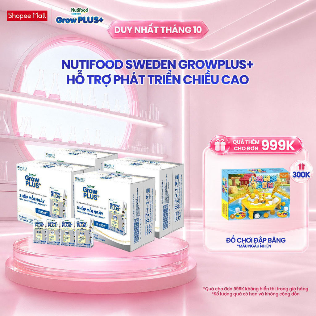 Combo 4 Thùng 24 hộp Sữa Bột Pha Sẵn Nutifood Sweden GrowPLUS+ Cao lớn vượt trội hộp 110 ml