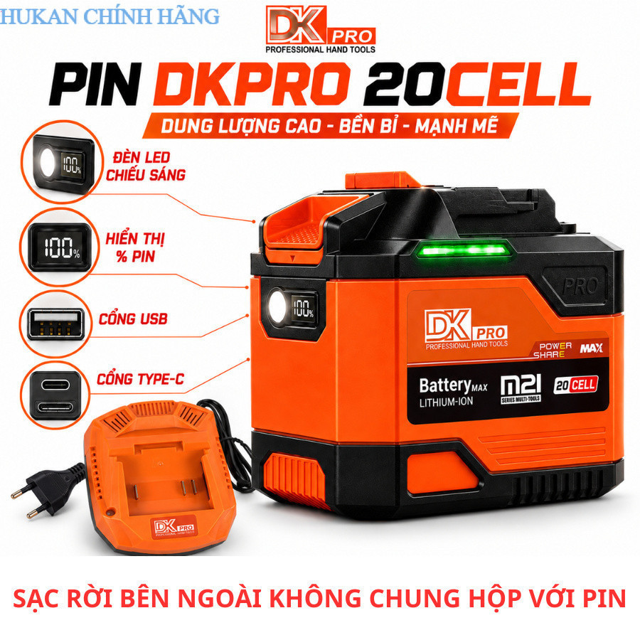 Combo pin + xạc DKPRO 20 Cell Gen3 DK-21V 21V MAX – Hiệu Suất Cao, Đèn ...