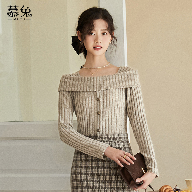 Mutu Một Vai Dài Tay Dệt Kim Top Nữ Mùa Xuân 2026 Phong Cách Mới Pháp Slim-Fit Áo Len Cao Cấp Đáy Áo Sơ Mi