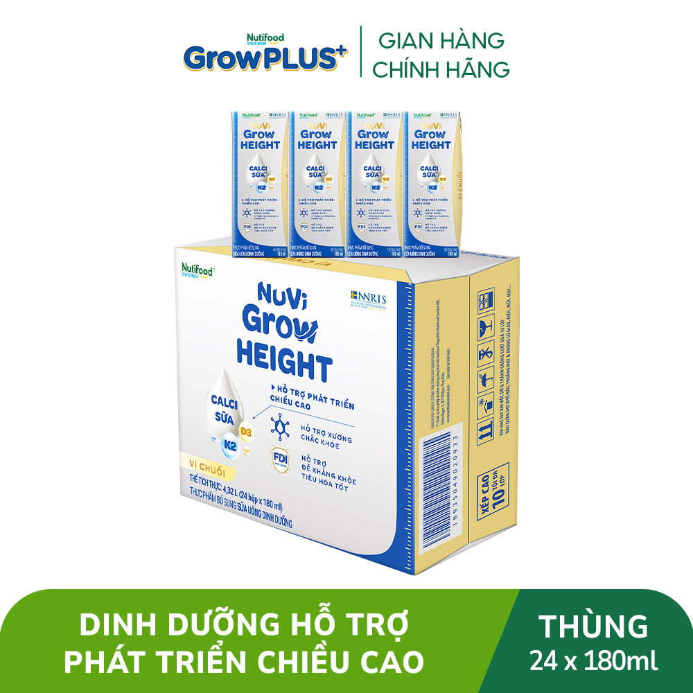 Thùng 24 hộp SBPS Nuvi Grow Height vị chuối 1+ hỗ trợ phát triển chiều cao hộp 180ml