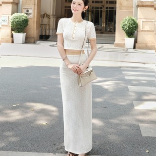 Set áo croptop viền nâu khuy vàng Khiết Style phối chân váy ren thun suông dài thanh lịch KS391