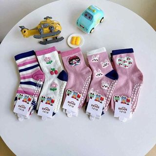 B14(2-9 Thổi) Set 5 Đôi Tất Chống Trơn Cho Bé Gái – Cotton Mềm, Cổ Cao, Co Giãn Tốt – Họa Tiết Thỏ Cherry Tím