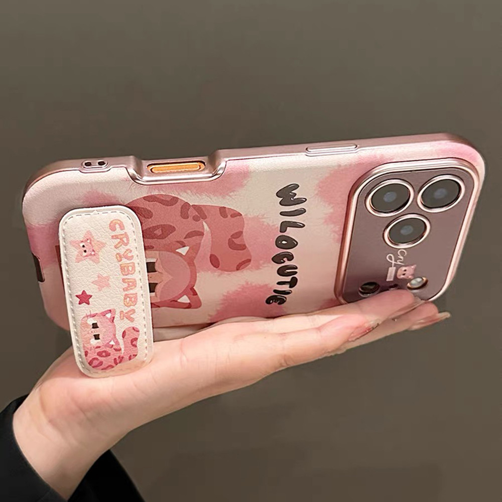 Màu Hồng Da Báo Khóc Gấp Giá Đỡ Da Ốp Lưng Điện Thoại Cho iPhone 17 Pro Max 17 Air 16 Plus 15 14 13 Vỏ Bảo Vệ Chống Sốc