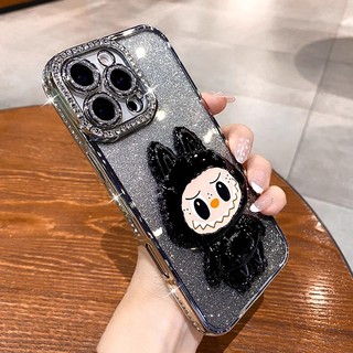 Ốp lưng iPhone lấp lánh kèm giá đỡ xoay Labubu và gương mini cho iPhone 12 13 14 15 16 17 Pro Max 17 Air