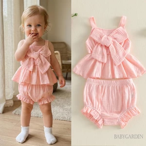 Bộ trang phục mùa hè cho bé gái màu hồng không tay nơ trang trí Bộ quần short PP xù
