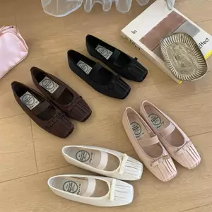 TT Mũi Vuông Mary Jane Giày Nữ Nơ Tua Rua Đế Bằng Satin Ballet Giày Đơn
