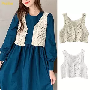 Pealike Nữ Móc Đan Áo Crop Không Tay Hoa Ren Nút Áo Khoác Cho Jac