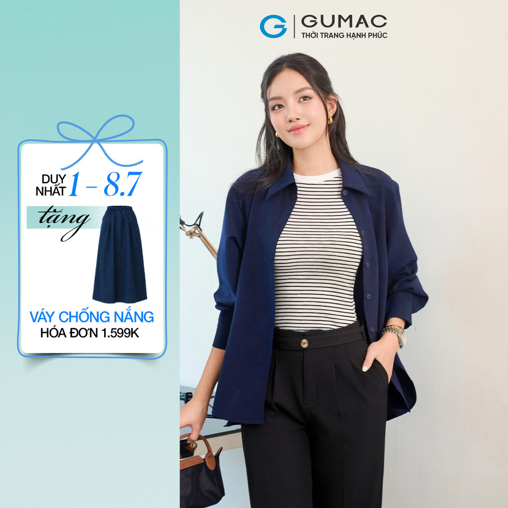 Áo Sơ Mi Nữ Tay Dài GUMAC Form Suông Vai Xệ Chất Kaki Thun Mềm Mát Công Sở AF07031