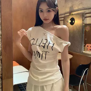 Áo thun ngắn tay lệch vai cổ điển kiểu Mỹ mùa hè 2026 Thiết kế thắt nút Slim-fit Slimmer Look All-Ma