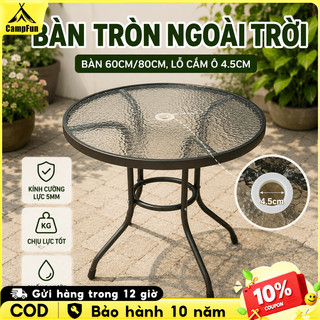 Bàn Tròn Ngoài Trời Bàn Kính Cường Lực 60cm 80cm Có Lỗ Cắm Ô Chân Thép Sơn Tĩnh Điện Sân Vườn Ban Công Cafe